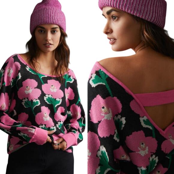 Anthropologie Daily Practice Hazy Daze Sweater Floral Pattern Hibiscus Pink M - Picture 1 of 9